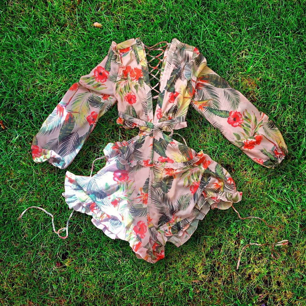 tropical lace up cut out romper dress